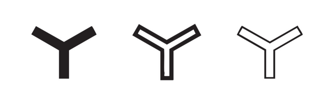 Y-shape junction or slingshot icon set in three different styles, isolated.