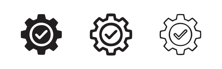Icons of a gear with a checkmark in three styles: solid black, outlined black, and outlined white. © liubomir118809