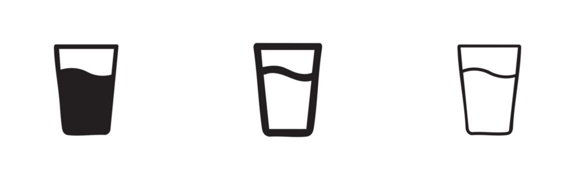 Glass of water icon set: black, outline, and filled outline