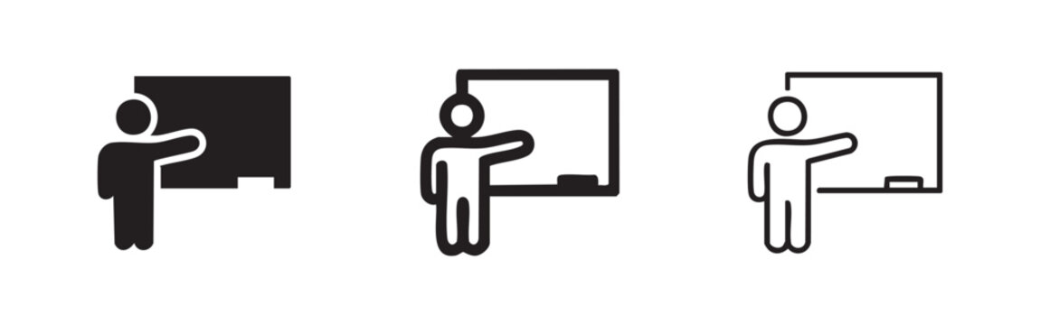Icons of a teacher or presenter at a whiteboard in three styles: solid black, outlined black, and outlined white.