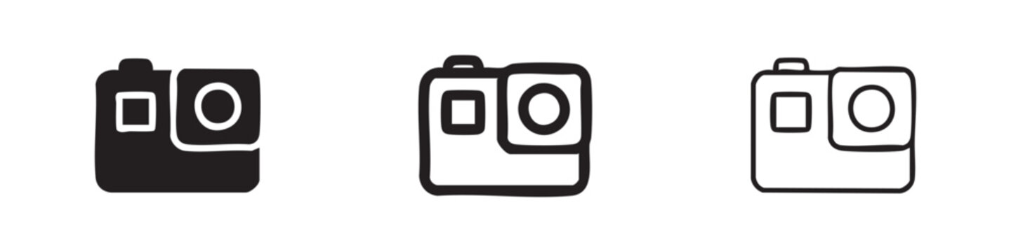 Icons of an action camera or GoPro in three styles: solid black, outlined black, and outlined white.