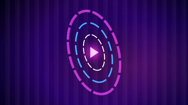 Vibrant purple and magenta play pause button animation with concentric dashed circular rings and glowing vertical stripes, high-tech motion background for gaming dashboards and cyberpunk aesthetics.