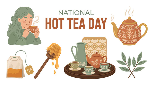 National Hot Tea Day illustration with a woman drinking teapot tea bag honey dipper and tea set on a tray