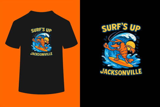 Jacksonville Surfing Shrimp Cartoon Fun Jax Beach Atlantic T-Shirt
