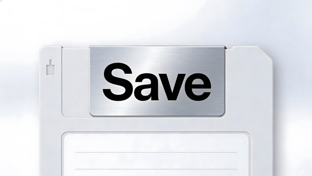 Minimalist Metallic Floppy Disk Save Icon on White Background with Modern Nostalgic Design
