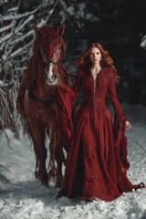 Fototapeta premium Woman Walks With Horse in Snowy Forest Wearing a Red Dress During Winter Time