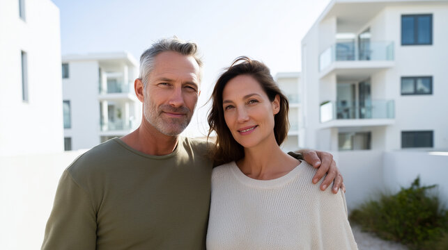 Happy couple standing together in modern residential neighborhood, real estate purchase, home ownership and family lifestyle concept happy couple, modern house, home ownership, rea