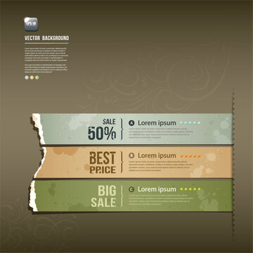 Set of three promotional sale banners with torn paper effect and star ratings star rating e commerce
