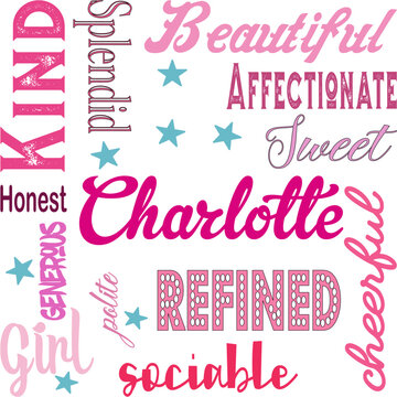 Feminine word cloud sticker with name Charlotte and positive adjectives in pink and teal. Elegant typography design for personalized gifts, cards, prints and girl-themed projects.