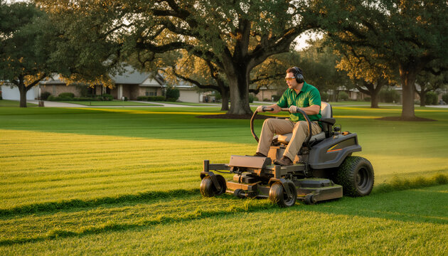 Professional landscaper driving a zero turn riding lawn mower cutting green grass in large suburban yard during golden hour sunset yard maintenance and landscaping service concept