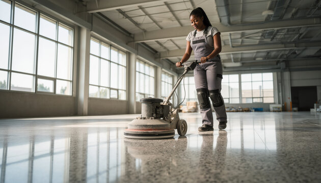 Professional female janitor wearing uniform and knee pads operating heavy duty rotary floor polishing machine in large bright empty commercial building professional cleaning service concept