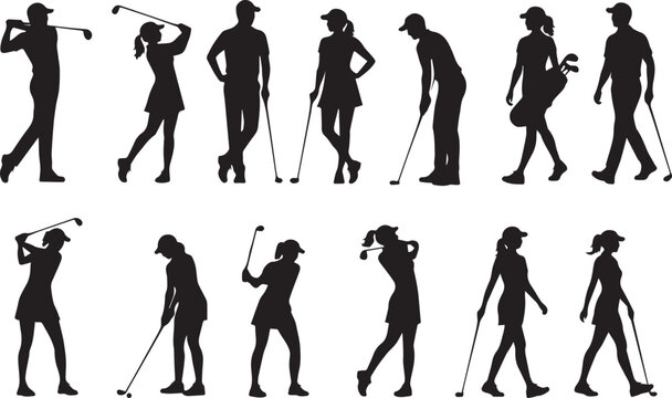 Golfers silhouette set playing golf isolated on transparent background, Vector, illustration