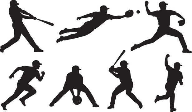 Black silhouettes of baseball players in various actions isolated on transparent background, Vector, illustration