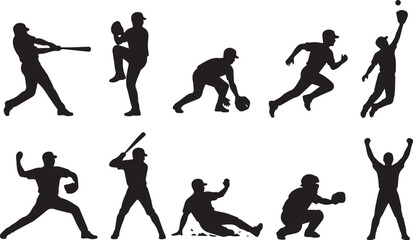 Black silhouettes of baseball players in various actions isolated on transparent background, Vector, illustration © Rijvi