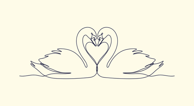 Minimalist One Line Drawing of Two Swans in Love Creating a Heart Shape Symbolizing Romance Design