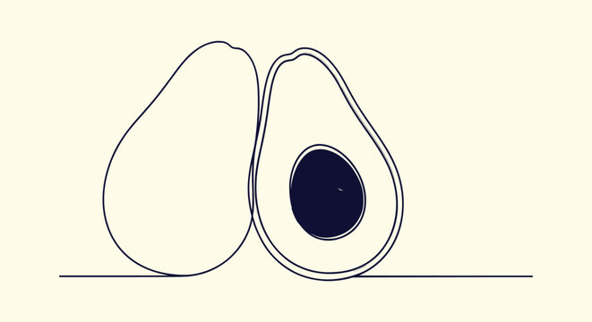 Minimalist continuous one line drawing of whole and halved avocado fruit with seed on beige back