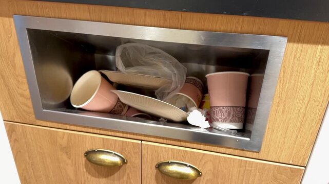 A trash can from a wooden compartment in the cafeteria for used disposable dishes after a meal by visitors. Close-up