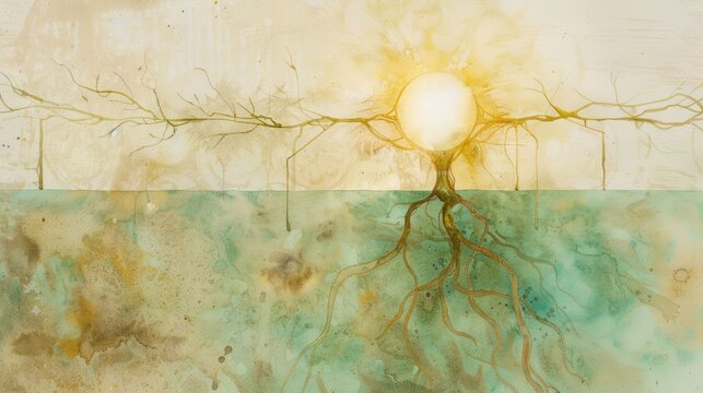 Watercolor depiction of a tree with a luminous orb at the center, stylized roots and branches