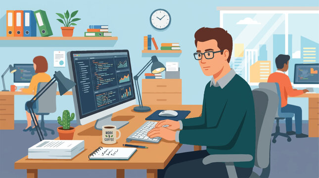 Collaborative technology office scene with developers coding at desks in a modern workspace.