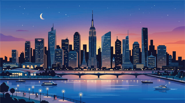 Dusk to Night City Skyline Over a Calm Harbor with Reflections and Boats.