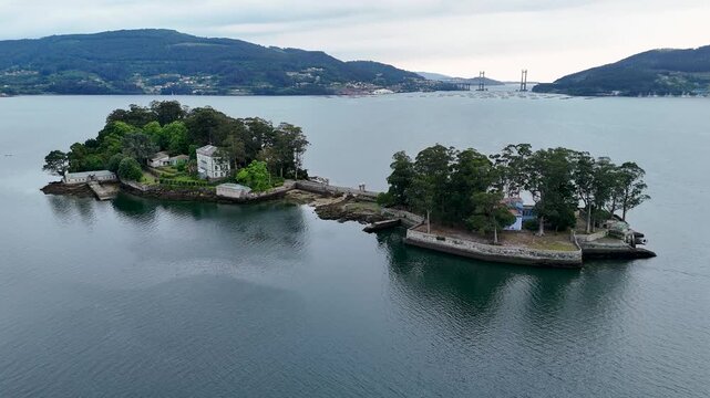 Aerial view of san simon island in the vigo estuary in galicia