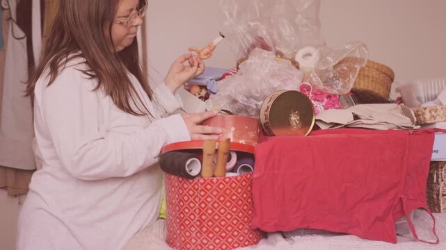 plus size woman organizing cluttered room, sorting household, decluttering process, messy interior cleanup, home storage management, lifestyle transformation, domestic order, Real life motivation
