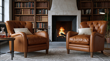 Fototapeta premium Luxury interior of a private library in late afternoon, cognac-colored leather armchairs angled toward a fireplace, a tray with a decanter and two glasses on the side table,