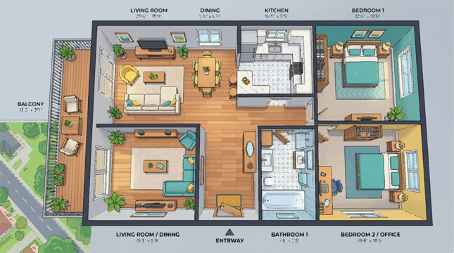 Top-down floor plan of a modern single-family home with multiple rooms and outdoor garden.