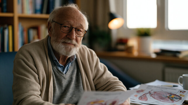 Elderly male patient sitting upright in hospital consultation room reviewing illustrated xenotransplantation consent materials with transplant coordinator, anatomical diagrams