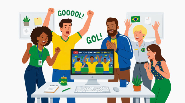 Office coworkers watching an important Brazil match during a work break, highlighting entertainment, social interaction, and passion for sports.