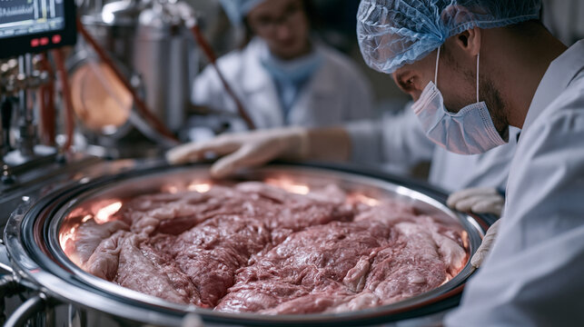 Pig organ bioengineering laboratory showing decellularization reactor vessel with scaffold matrix visible through observation port, recellularization perfusion equipment,