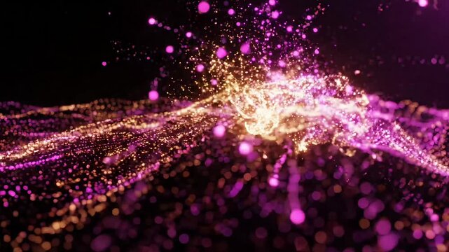 Glowing purple and gold particles, sparkling light trails, abstract background, motion graphics elements