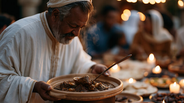 Over the shoulder view of a Moroccan-American family patriarch ladling fragrant lamb stew into ceramic bowls during Eid celebration feast, steam rising from the pot, relatives