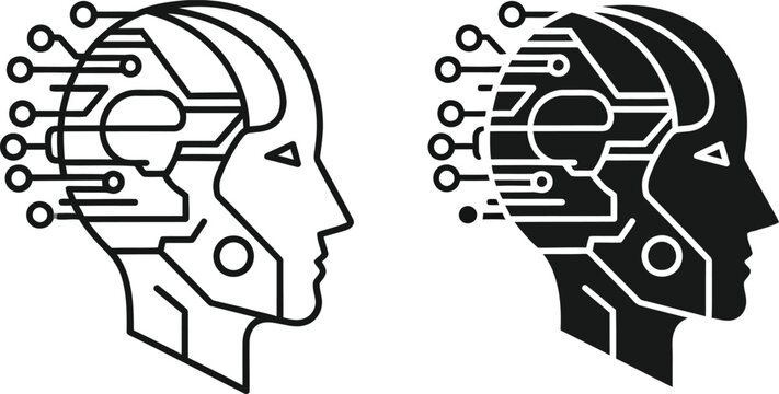 Cybernetic head illustrations with circuitry brain