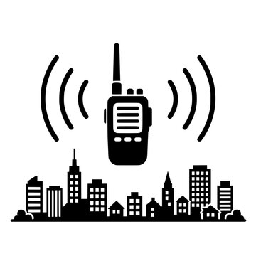 radio communication above city skyline in black white emergency rescue icon illustration