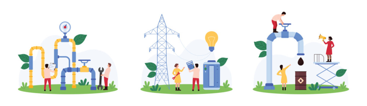 Energy system inspection, oil and gas industry equipment set. Tiny people check valve and pipeline for leaks, control electric power line tower and wire to light bulb cartoon vector illustration