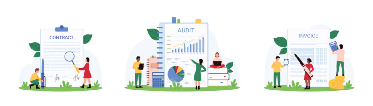 Accounting, accountants evaluation set. Tiny people research financial invoice, contract on clipboard and audit report document with calculator and magnifying glass cartoon vector illustration
