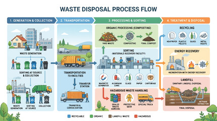 Obraz premium Comprehensive infographic of the waste disposal process flow showing segregation, collection, transport, treatment and final disposal steps.