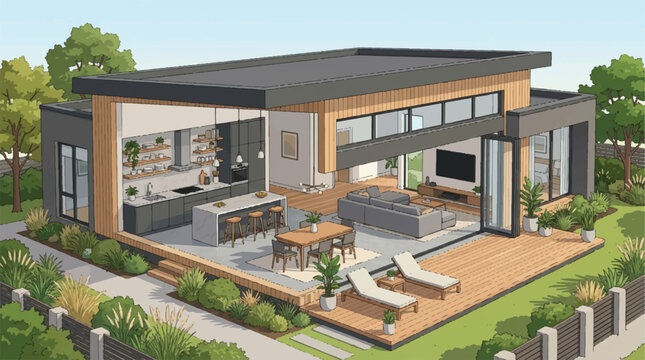 Modern contemporary villa with open-plan outdoor living spaces and landscaped garden.