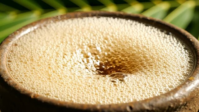 Close up of frothy beverage in rustic ceramic cup with palm leaves background.