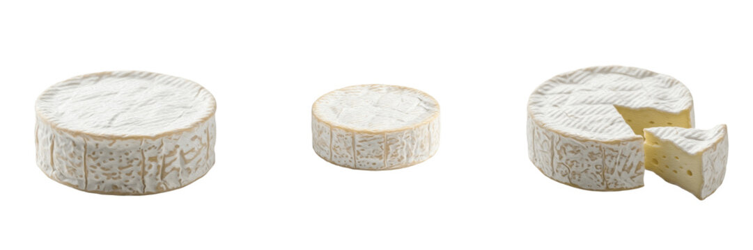 Whole Wheel of Creamy Camembert Cheese Isolated on White Background, PNG