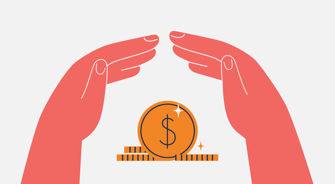 Two hands protect stack of money. Insurance of pension and investment. Banking and safety of financial occupation. Guarantee and security in business. Vector illustration