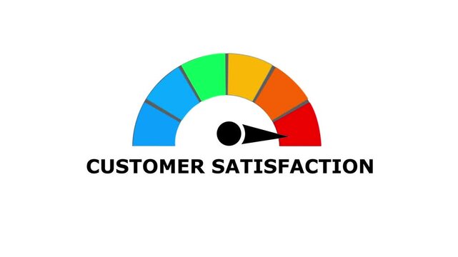 Customer satisfaction gauge with multicolor segments and black pointer on white background for feedback and service analysis
