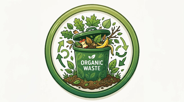 Circular badge depicting organic waste compost bin surrounded by lush green leaves and nature-inspired graphics.