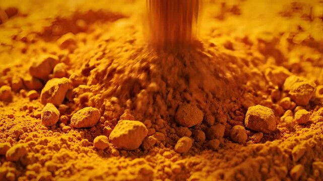 Closeup of vibrant orange turmeric powder being poured.
