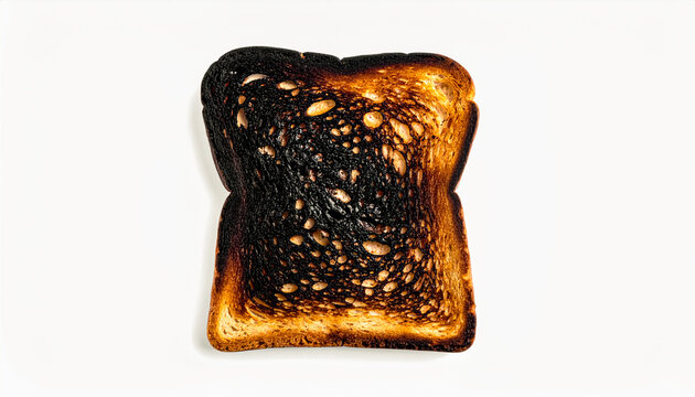 Heavily Burnt Multigrain Toast Isolated on White Background Symbolizing Failure and Overcooking