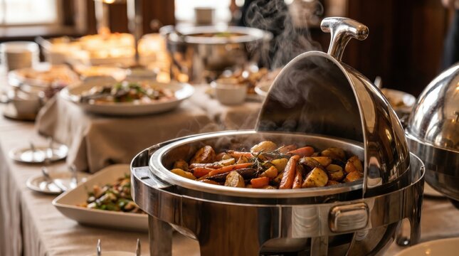 An elegant catering buffet presents a steaming chafing dish of roasted potatoes, carrots, and rosemary, symbolizing quality event service and culinary excellence.