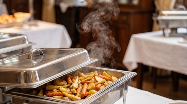 Warm roasted carrots, potatoes, and parsnips steaming in a stainless steel chafing dish on a white-tablecloth buffet line. This professional catering setup 