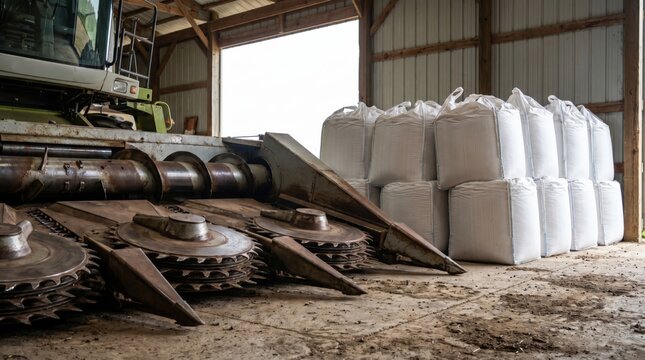 Combine harvester header and bulk bags for grain storage in a rustic barn. Symbolizes agricultural readiness, harvest efficiency, and farm supply.