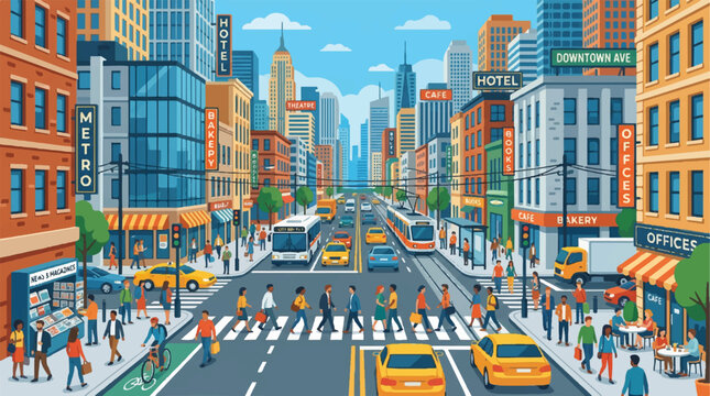Bustling City Street Scene with Pedestrians and Traffic in a Colorful Downtown.
